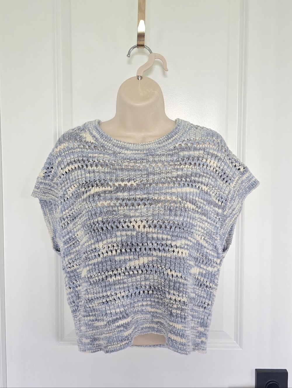 NWOT LOFT Blue & Cream Open-Knit Short Sleeve Sweater Sz Small